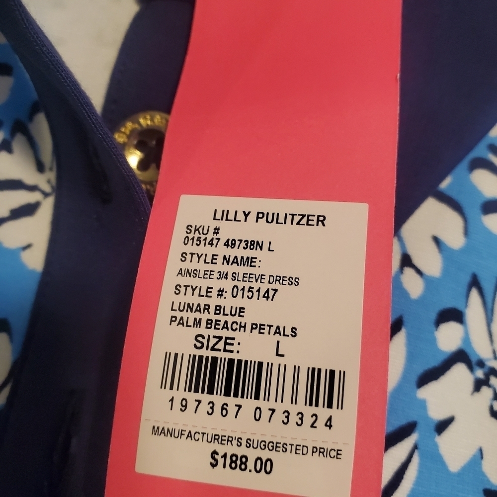 NWT Lilly Pulitzer Ainslee Lunar Blue Palm Beach Petals Dress Size Lge. Ret $188 - Picture 9 of 14